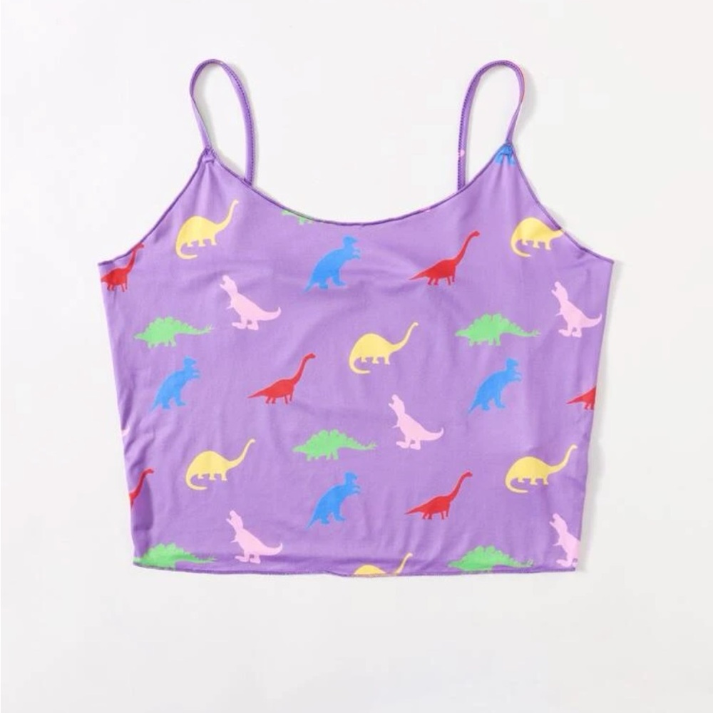 Purple Cropped Stretchy Cami Top with Rainbow Dinosaur Print NWOT